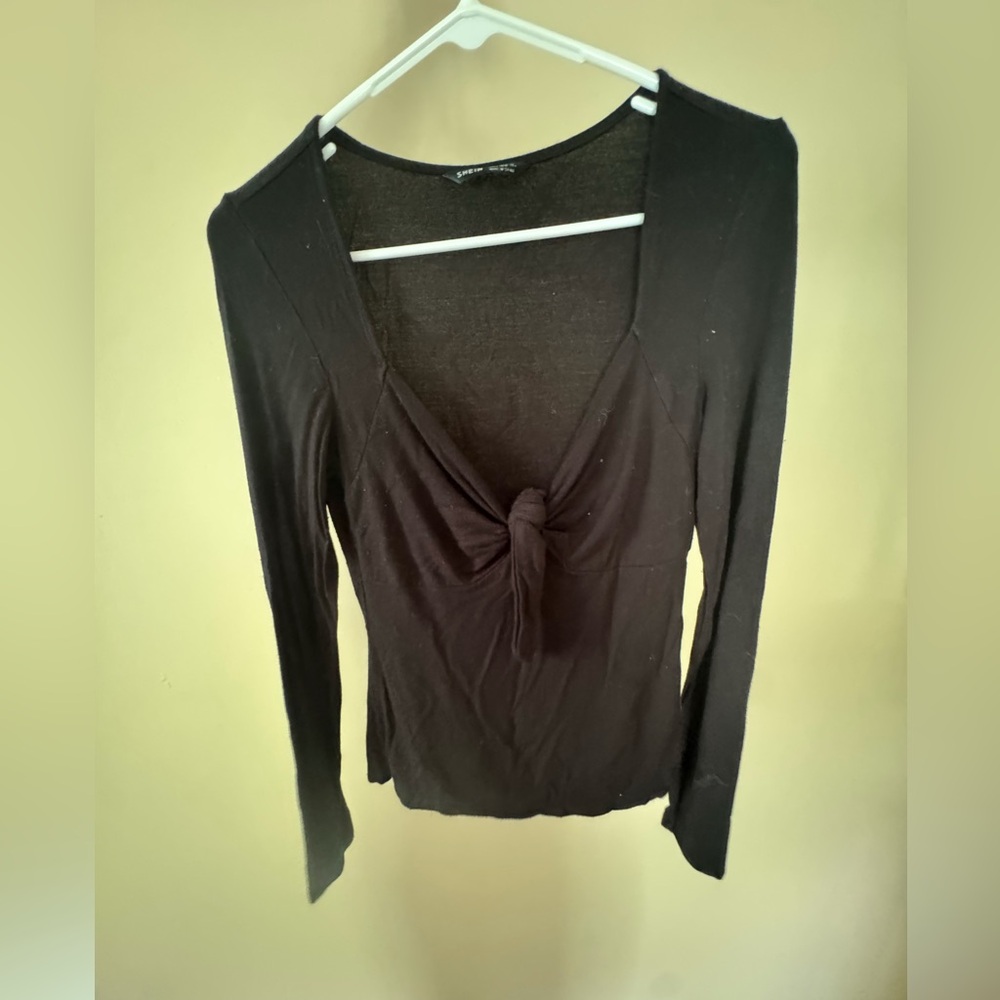 SHEIN Black Front Tie Long Sleeve Top – Size S